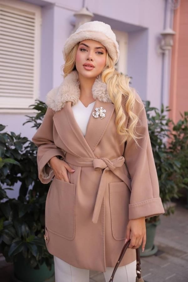 StarinciKadın Kaşe Kaban Kürklü Kısa Açık Kahverengi