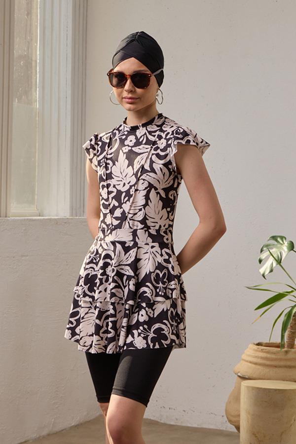 Starinci MayoYarı Kapalı Mayo Mendil Kol Fulya Tesettür Beyaz Yaprak