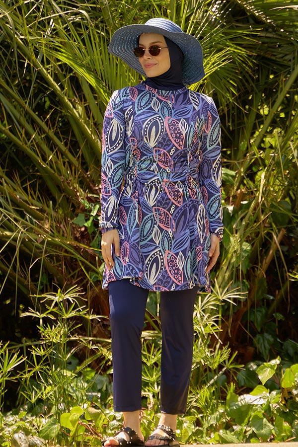 Starinci MayoLikralı Tesettür Mayo Mor Yapraklı Büzgülü Model