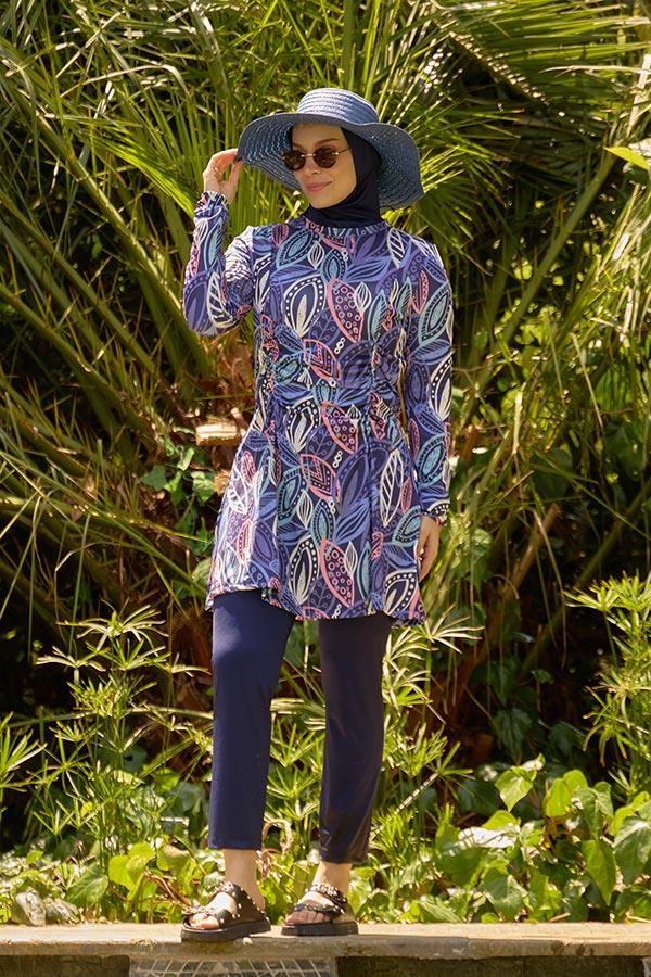 Starinci MayoLikralı Tesettür Mayo Mor Yapraklı Büzgülü Model