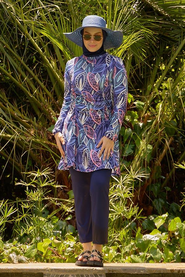 Starinci MayoLikralı Tesettür Mayo Mor Yapraklı Büzgülü Model