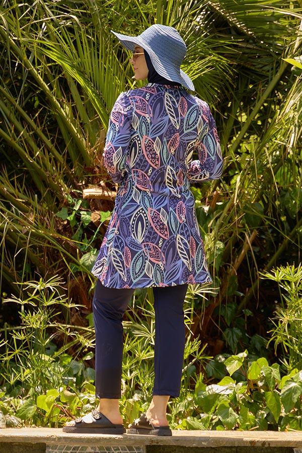 Starinci MayoLikralı Tesettür Mayo Mor Yapraklı Büzgülü Model