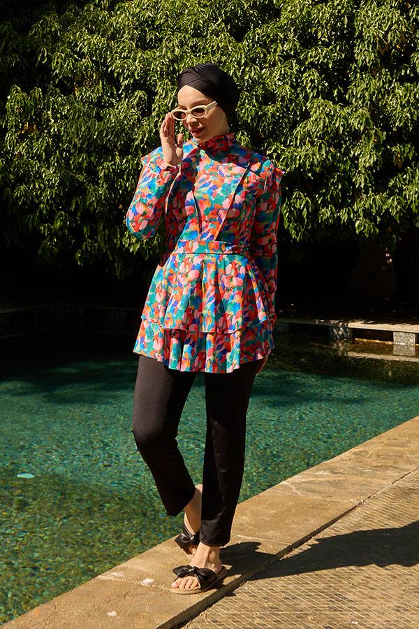 Starinci MayoTam Kapalı Mayo Likralı Fulya Model Ebru Desen Pembe