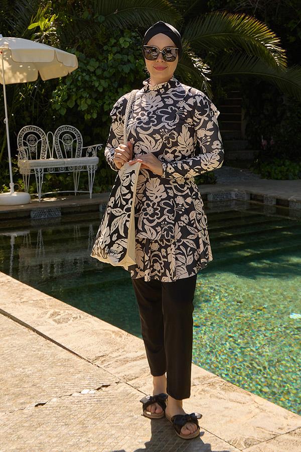 Starinci MayoTam Kapalı Mayo Likralı Fulya Model Beyaz Yaprak Desenli Siyah