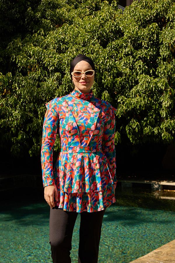 Starinci MayoTam Kapalı Mayo Likralı Fulya Model Ebru Desen Pembe