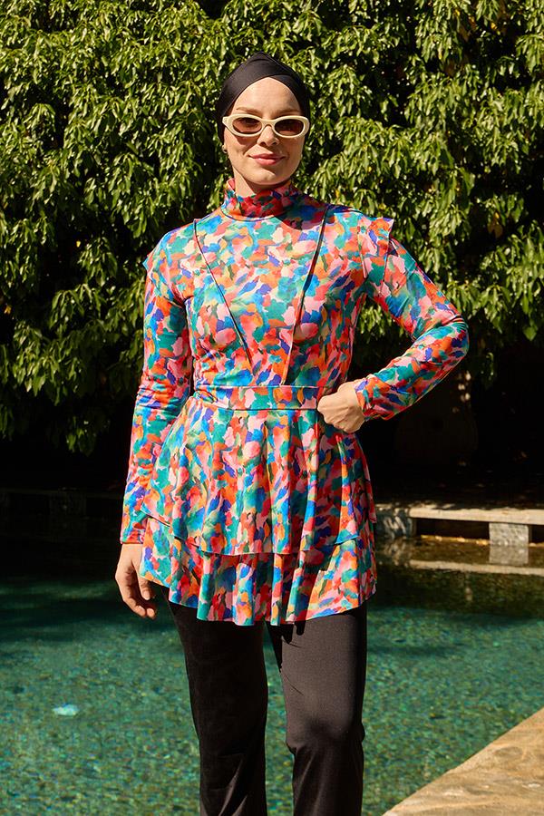 Starinci MayoTam Kapalı Mayo Likralı Fulya Model Ebru Desen Pembe