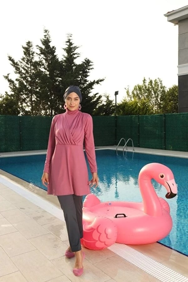Starinci MayoUzunkol Tesettür Mayo Likra Göğüs Detaylı Pembe