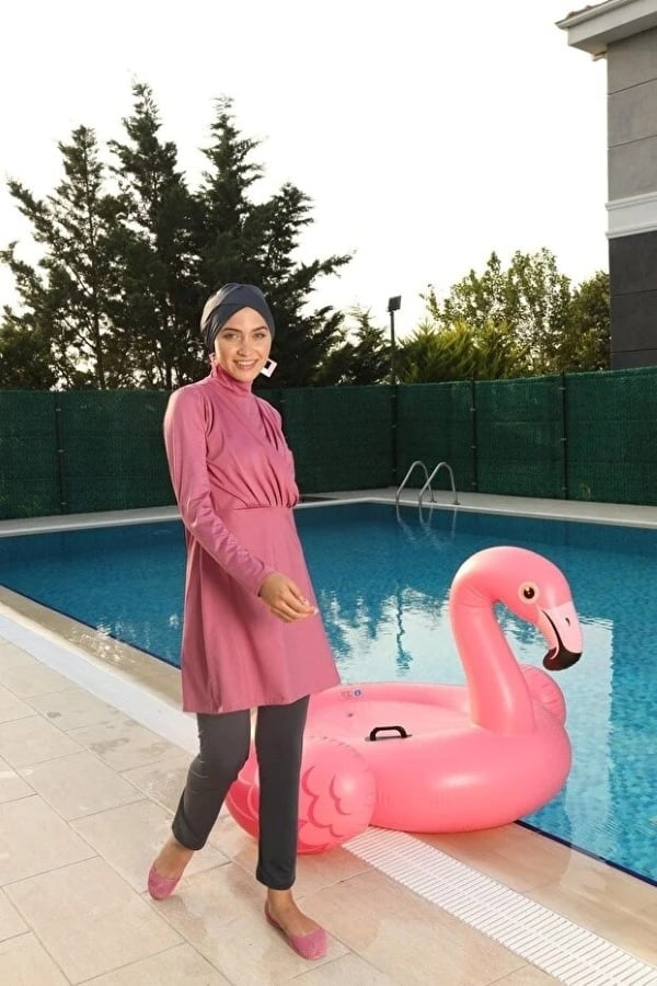 Starinci MayoUzunkol Tesettür Mayo Likra Göğüs Detaylı Pembe