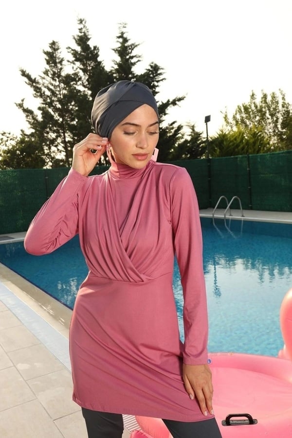 Starinci MayoUzunkol Tesettür Mayo Likra Göğüs Detaylı Pembe