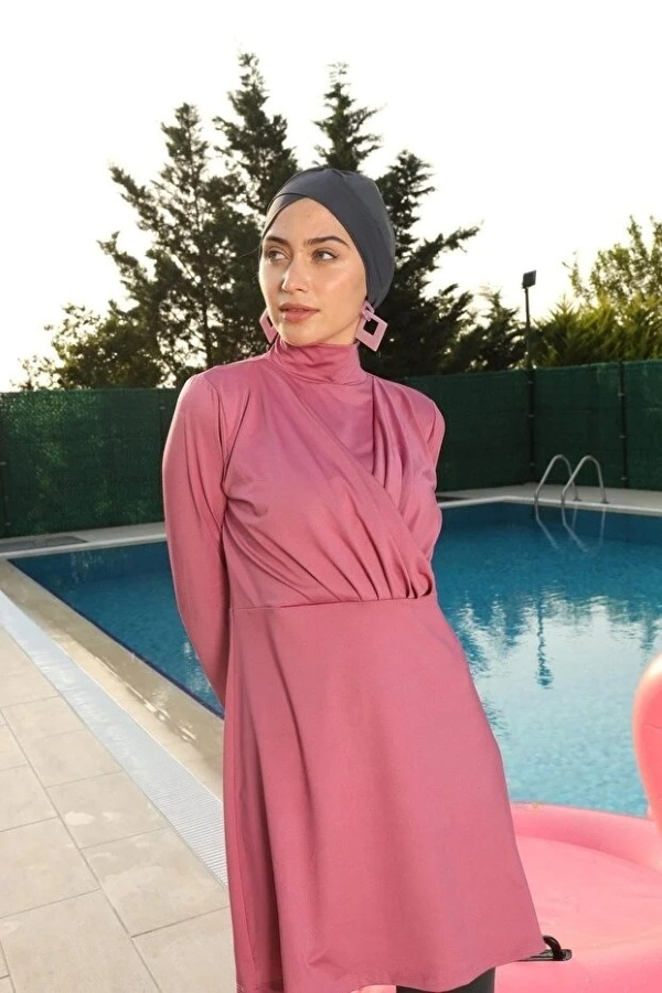 Starinci MayoUzunkol Tesettür Mayo Likra Göğüs Detaylı Pembe
