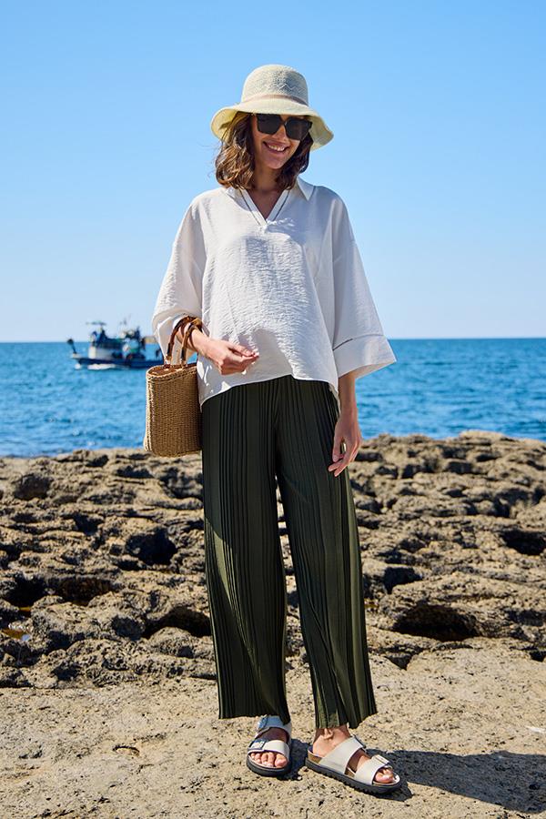 KatreKadın Pantolon Piliseli Hafif Koyu Yeşil