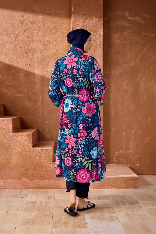 StarinciTesettur Mayo Üzerine Kaftan Pareo Lacivert Çiçek Desenli