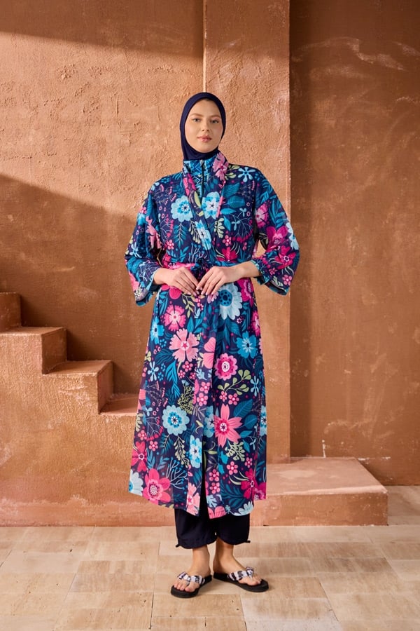 StarinciTesettur Mayo Üzerine Kaftan Pareo Lacivert Çiçek Desenli