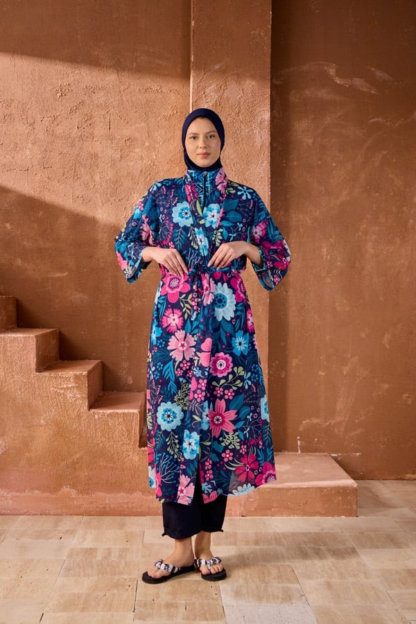StarinciTesettur Mayo Üzerine Kaftan Pareo Lacivert Çiçek Desenli