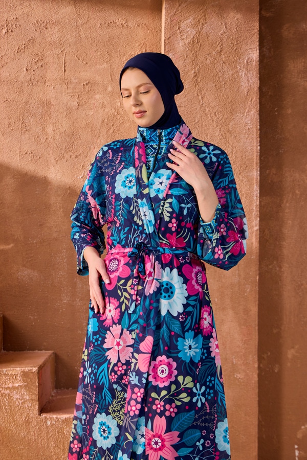 StarinciTesettur Mayo Üzerine Kaftan Pareo Lacivert Çiçek Desenli