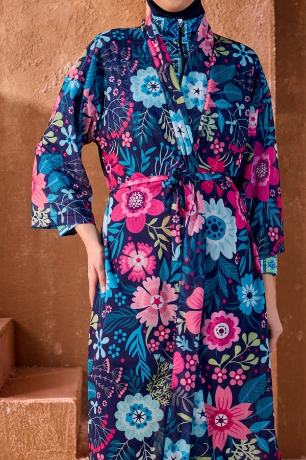 StarinciTesettur Mayo Üzerine Kaftan Pareo Lacivert Çiçek Desenli