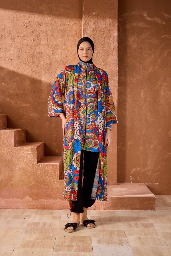 StarinciTesettür Mayo Üzerine Tek Kaftan Psikedelik Desen