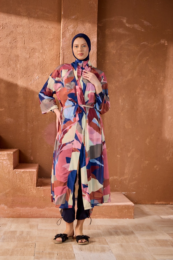 StarinciTesettur Mayo Üzerine Tek Kaftan Pareo Kübist Desen