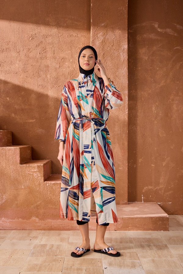 StarinciTesettür Mayo Üzerine Tek Kaftan Tribal Geometrik Desen