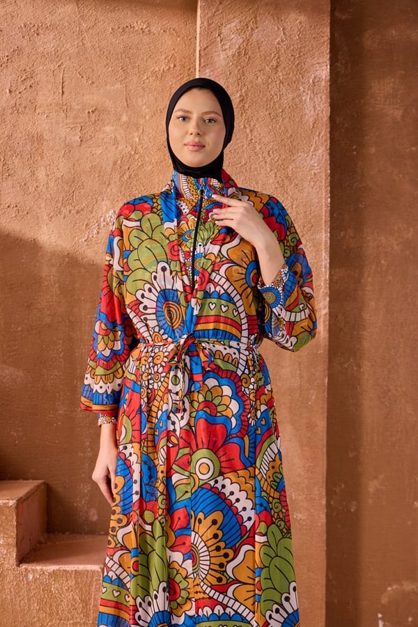 StarinciTesettür Mayo Üzerine Tek Kaftan Psikedelik Desen