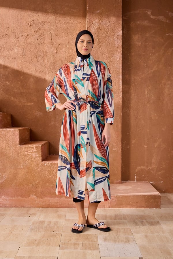 StarinciTesettür Mayo Üzerine Tek Kaftan Tribal Geometrik Desen