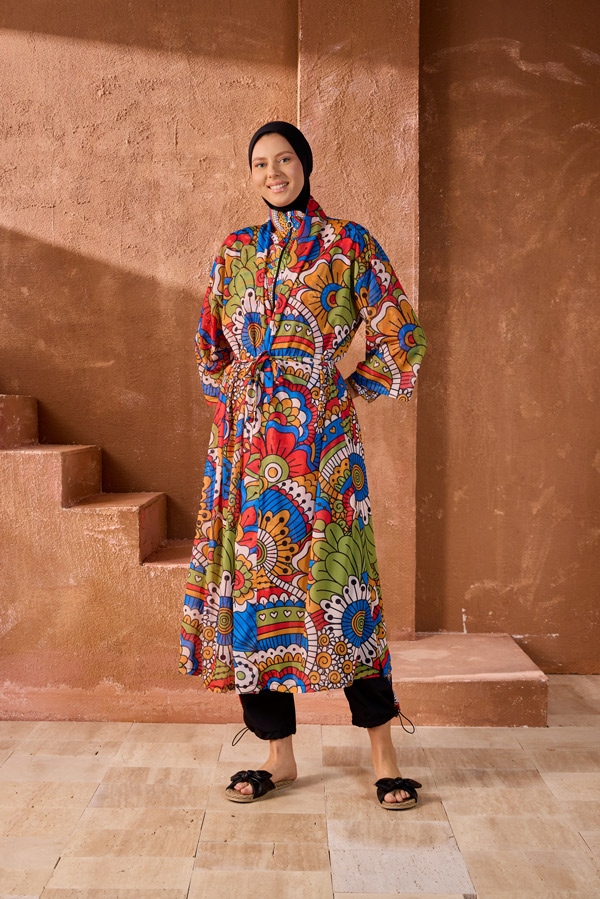 StarinciTesettür Mayo Üzerine Tek Kaftan Psikedelik Desen