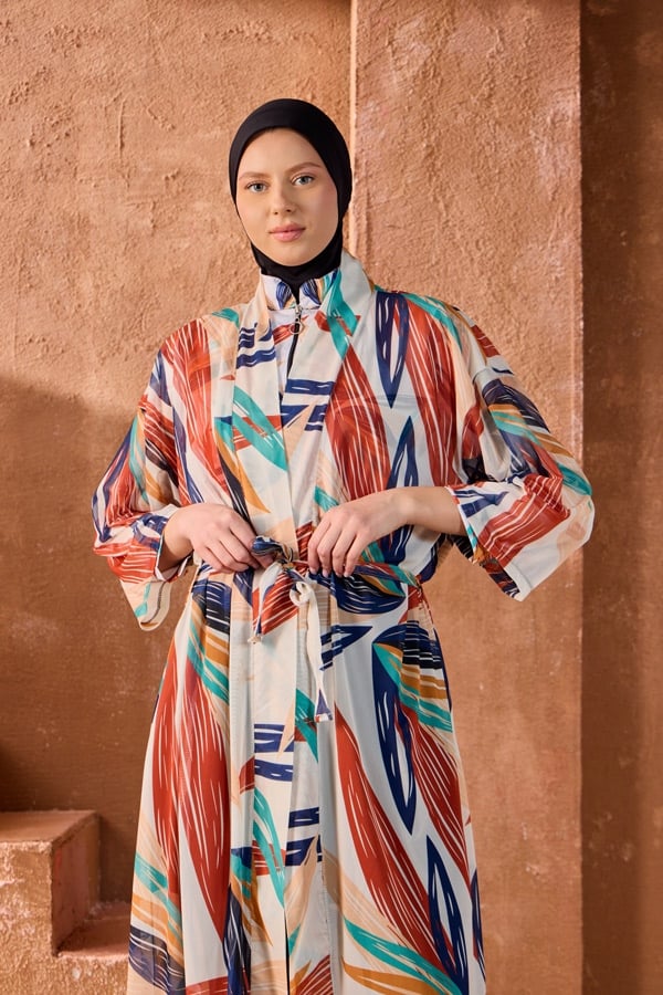 StarinciTesettür Mayo Üzerine Tek Kaftan Tribal Geometrik Desen