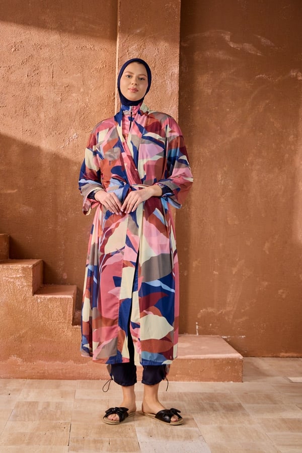 StarinciTesettur Mayo Üzerine Tek Kaftan Pareo Kübist Desen