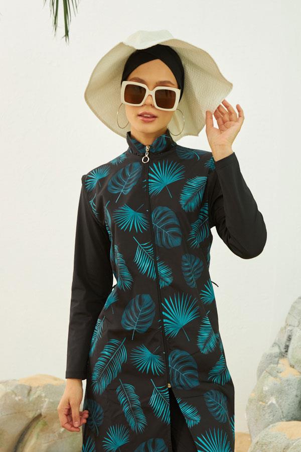 Starinci MayoHızlı Kuruyan Tam Kapalı Tesettür Mayo Siyah Yeşil Yapraklı