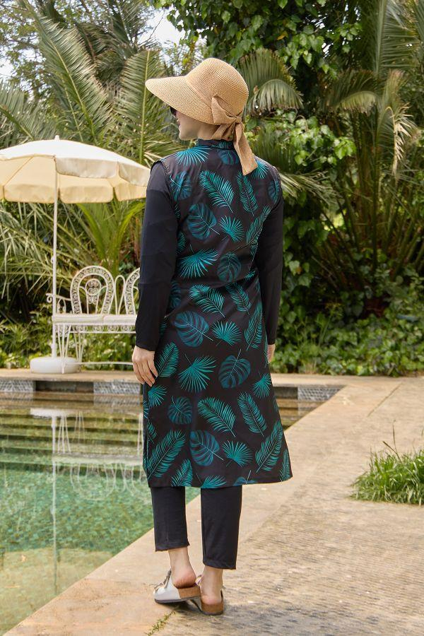 Starinci MayoHızlı Kuruyan Tam Kapalı Tesettür Mayo Siyah Yeşil Yapraklı