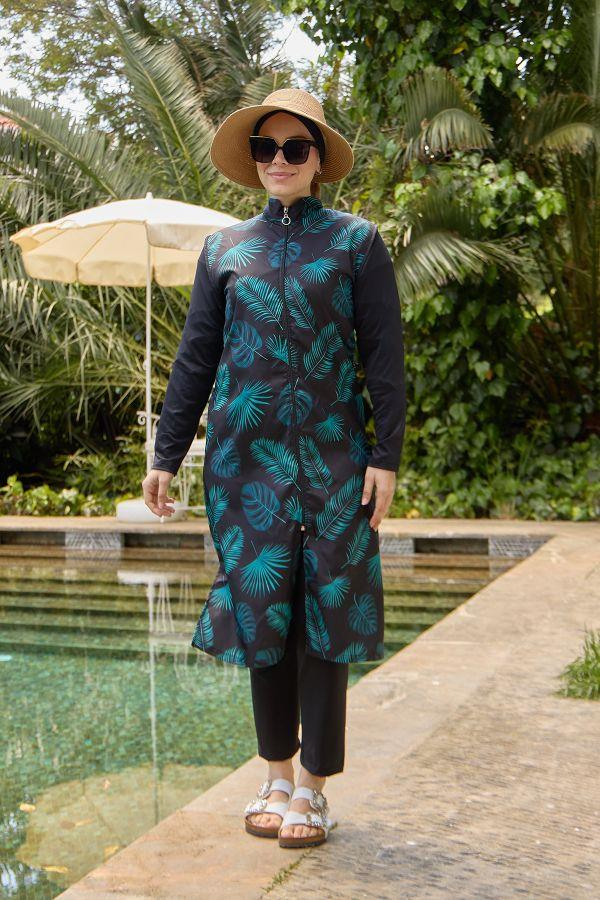 Starinci MayoHızlı Kuruyan Tam Kapalı Tesettür Mayo Siyah Yeşil Yapraklı