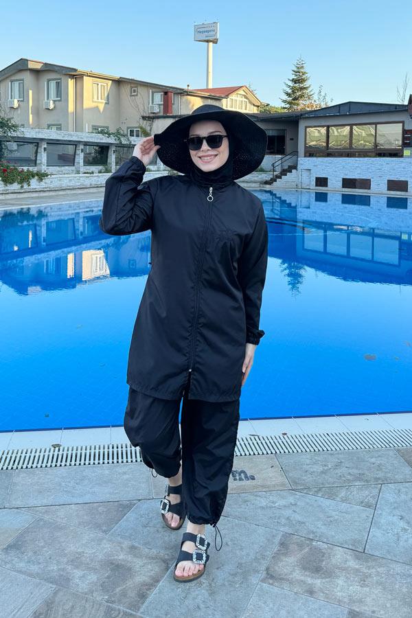 Starinci MayoKadın Tam Kapalı Siyah Paraşüt Tesettür Mayo