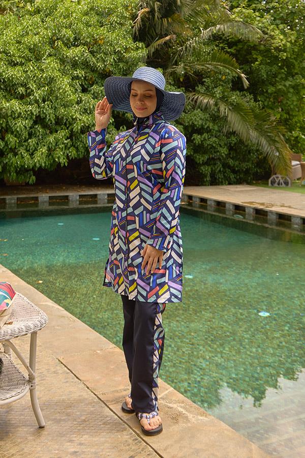 Starinci MayoTam Kapalı Tesettür Mayo Lacivert Pare Desen