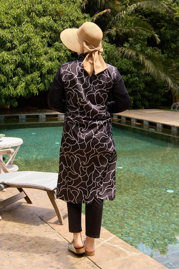 Starinci MayoTam Kapalı Tesettür Mayo Siyah Beyaz Çizgili Hakim Yaka