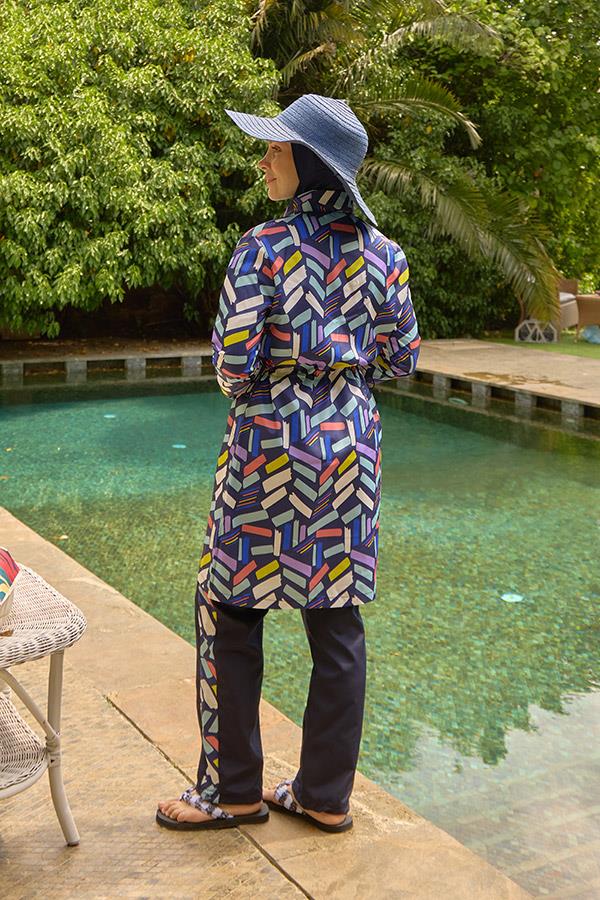 Starinci MayoTam Kapalı Tesettür Mayo Lacivert Pare Desen