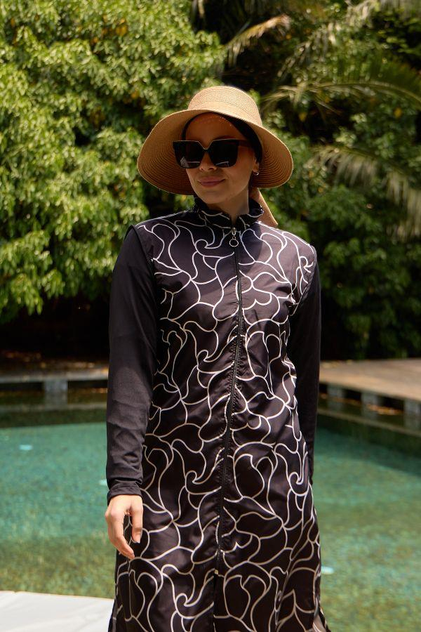 Starinci MayoTam Kapalı Tesettür Mayo Siyah Beyaz Çizgili Hakim Yaka