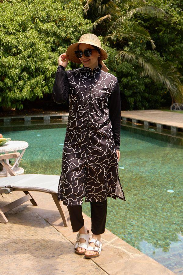 Starinci MayoTam Kapalı Tesettür Mayo Siyah Beyaz Çizgili Hakim Yaka