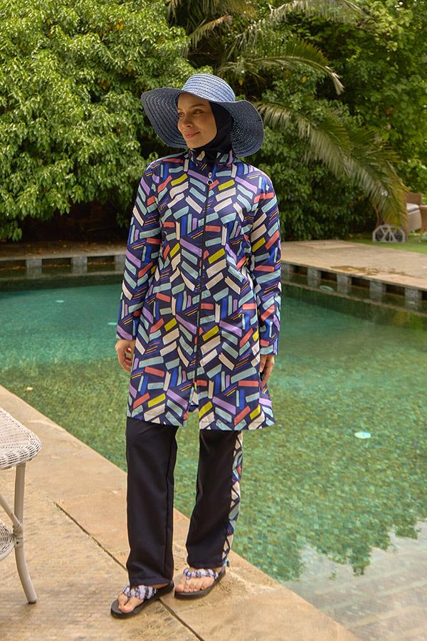 Starinci MayoTam Kapalı Tesettür Mayo Lacivert Pare Desen