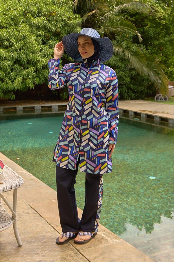 Starinci MayoTam Kapalı Tesettür Mayo Lacivert Pare Desen