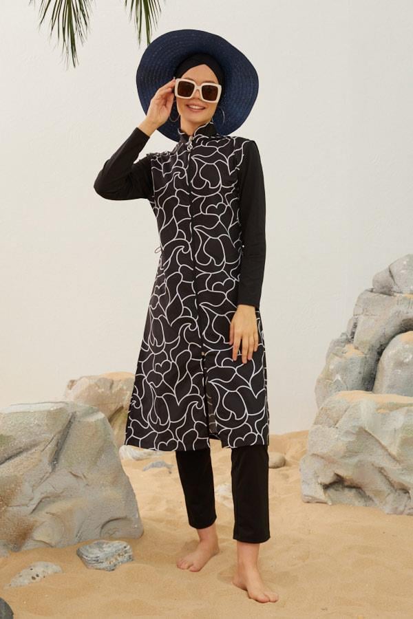 Starinci MayoTam Kapalı Tesettür Mayo Siyah Beyaz Çizgili Hakim Yaka