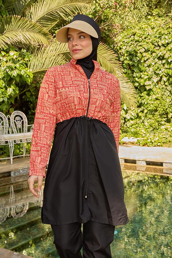 Starinci MayoTesettür Mayo Tamamı Paraşüt Üstü Desenli Turuncu