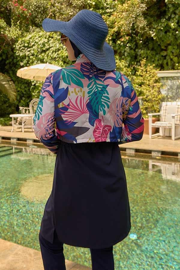 Starinci MayoTesettür Mayo Kapaklı Lacivert Yapraklı