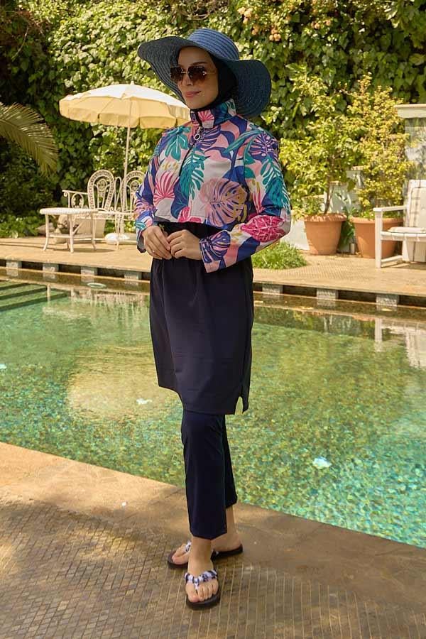 Starinci MayoTesettür Mayo Kapaklı Lacivert Yapraklı