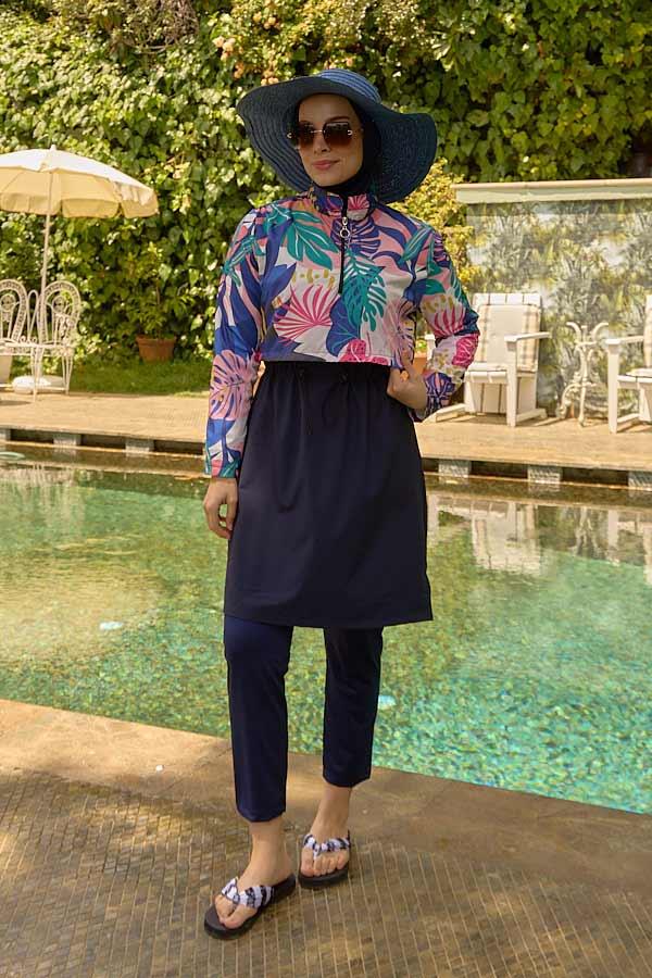 Starinci MayoTesettür Mayo Kapaklı Lacivert Yapraklı