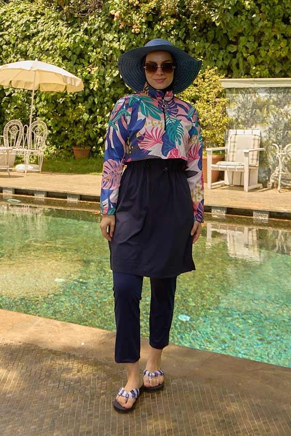 Starinci MayoTesettür Mayo Kapaklı Lacivert Yapraklı