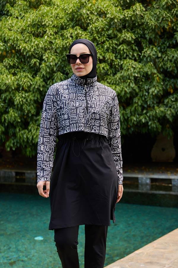 Starinci MayoTesettür Mayo Kapaklı Siyah Afrikan Desen