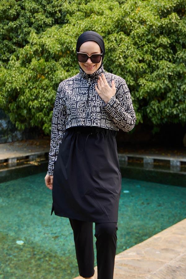 Starinci MayoTesettür Mayo Kapaklı Siyah Afrikan Desen