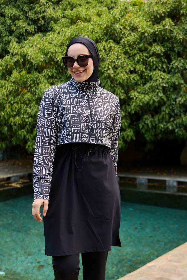 Starinci MayoTesettür Mayo Kapaklı Siyah Afrikan Desen