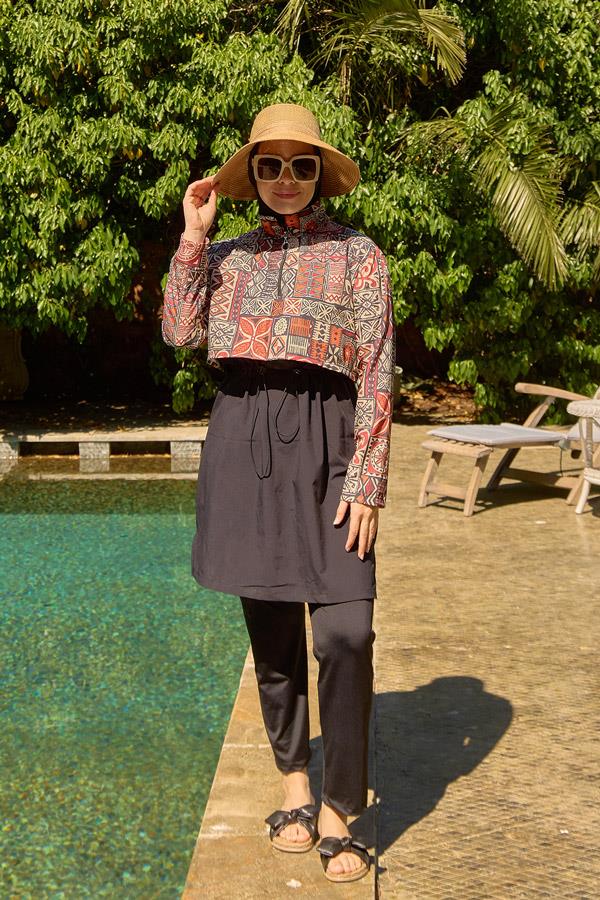 Starinci MayoTesettür Mayo Kapaklı Siyah İnka Desenleri