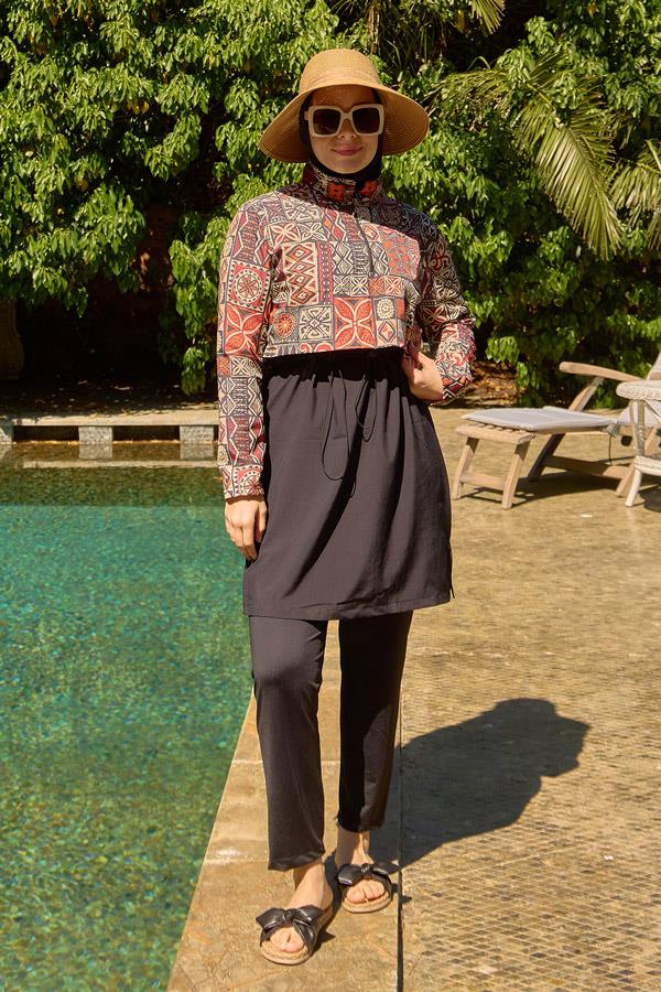 Starinci MayoTesettür Mayo Kapaklı Siyah İnka Desenleri